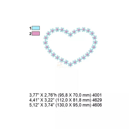 Fiche technique motif broderie couronne cœur en fleurs – dimensions, couleurs et nombre de points.