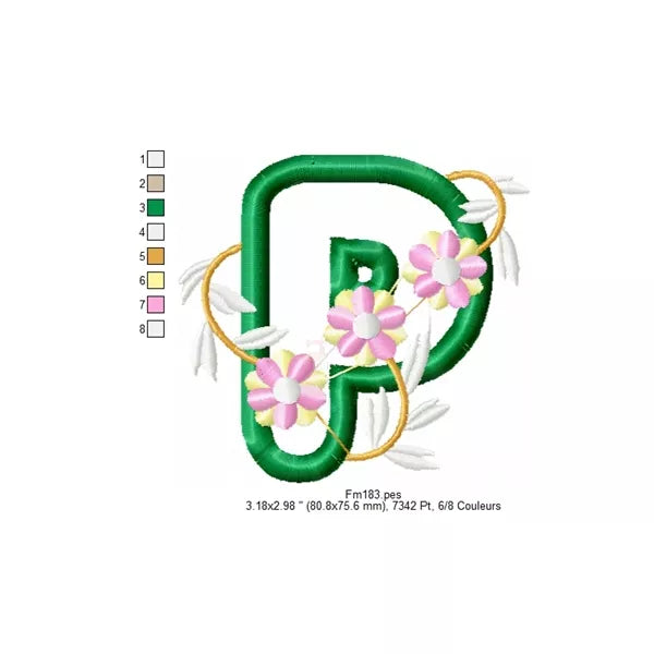 Motifs-broderie-machine-d'appliqués-lettre-P-avec-fleurs-CuteRoyal-CR10144Z8
