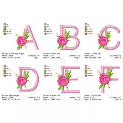 Alphabet-floral-A-à-F-et-une-Rose-Motif-de-broderie-machine