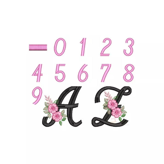 Tiret-0-9-rose-lettres-A-Z-noir-avec-fleurs-rose-motifs-de-broderie-machine