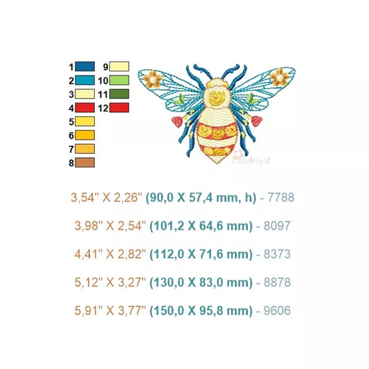 Abeille-florale-motif-de-broiderie-machine. 12 couleurs et 5 tailles incluses.