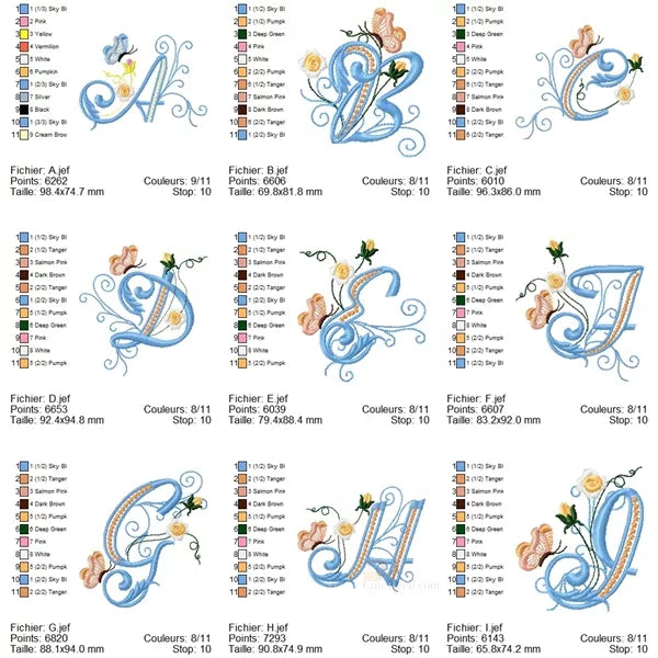 Info Tailles - Alphabet complet majuscule A-J - Lettre avec mini fleurs roses délicates et papillon - Motif de broderie machine