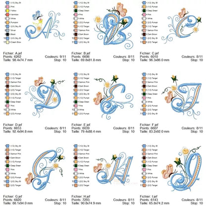 Info Tailles - Alphabet complet majuscule A-J - Lettre avec mini fleurs roses délicates et papillon - Motif de broderie machine