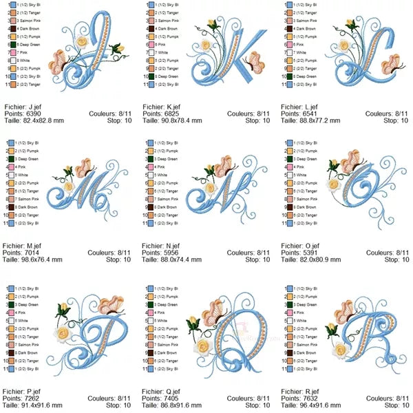 Info Tailles - Alphabet complet majuscule J-R - Lettre avec mini fleurs roses délicates et papillon - Motif de broderie machine