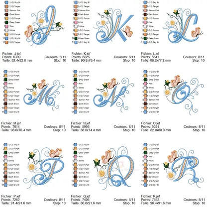 Info Tailles - Alphabet complet majuscule J-R - Lettre avec mini fleurs roses délicates et papillon - Motif de broderie machine
