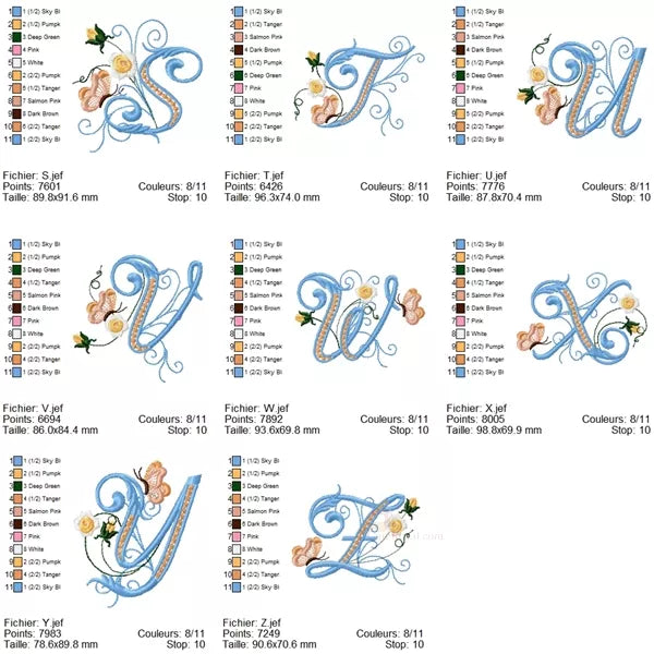 Info Tailles - Alphabet complet majuscule S-Z - Lettre avec mini fleurs roses délicates et papillon - Motif de broderie machine