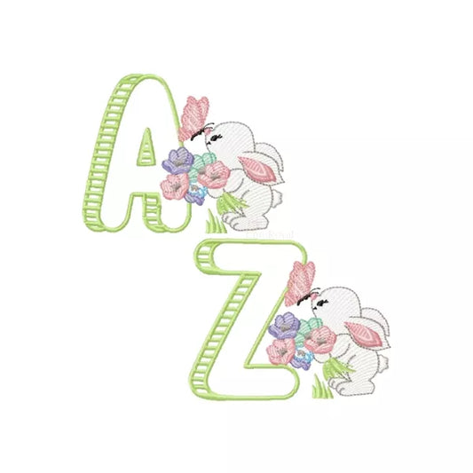 Lettre A et Z brodées avec lapin et fleurs – Rendu brodé gros plan – Motif machine CuteRoyal.com CR10085