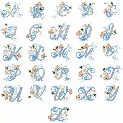 Alphabet complet majuscule A-Z - Lettre avec mini fleurs roses délicates et papillon - Motif de broderie machine