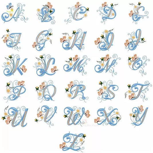 Alphabet complet majuscule A-Z - Lettre avec mini fleurs roses délicates et papillon - Motif de broderie machine