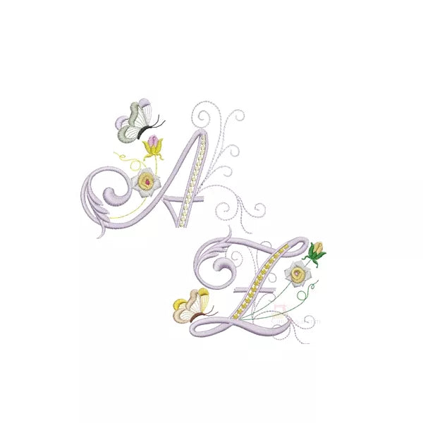 Alphabet complet majuscule A-Z - Lettre avec mini fleurs roses délicates et papillon - Motif de broderie machine