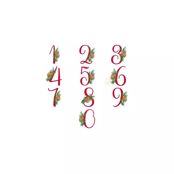 Alphabet-de-Noel-et-chiffre-de-1-à-zéro-avec-branches-de-pin-et-cocotte-de-pin-Motif-broderie-machine