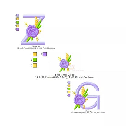 Alphabet-floral-Z-G-et-une-Rose-Motif-de-broderie-machine