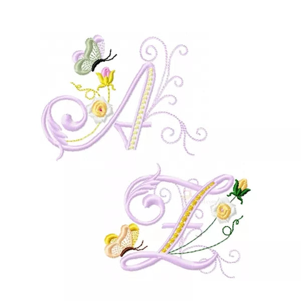 Alphabet complet majuscule A-Z - Lettre avec mini fleurs roses délicates et papillon - Motif de broderie machine