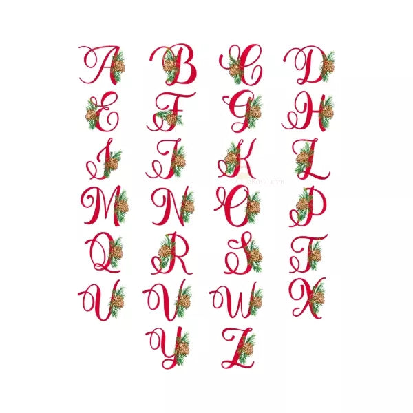 Alphabet-26-lettres-majuscule-de-Noel-avec-branches-de-pin-et-cocotte-de-pin-Motif-broderie-machine