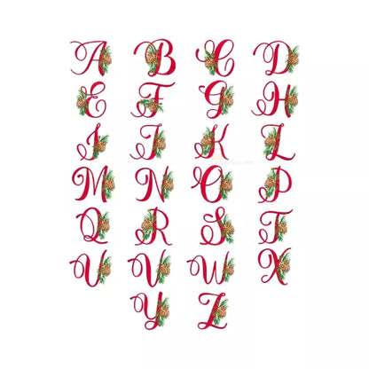 Alphabet-26-lettres-majuscule-de-Noel-avec-branches-de-pin-et-cocotte-de-pin-Motif-broderie-machine