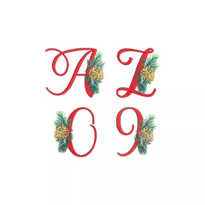 Alphabet-majuscule-de-Noel-et-chiffre-avec-branches-de-pin-et-cocotte-de-pin-Motif-broderie-machine