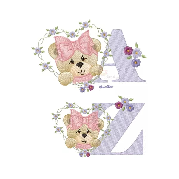 Alphabet ourson fille de lettre A à Z - Motif broderie machine-CR10058