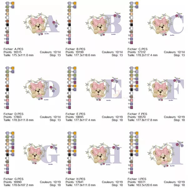 Alphabet taille de A à J - Ourson fille - Motif broderie machine-CR10058