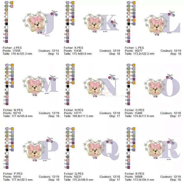 Alphabet taille de J à R - Ourson fille - Motif broderie machine-CR10058