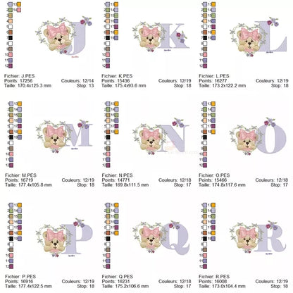 Alphabet taille de J à R - Ourson fille - Motif broderie machine-CR10058