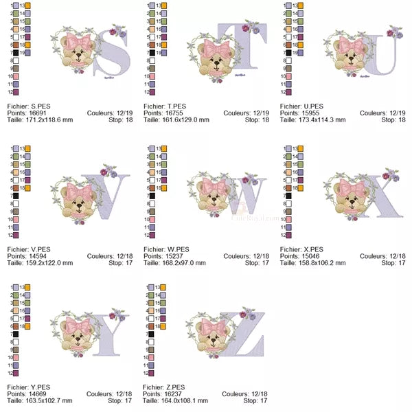 Alphabet taille de S à Z - Ourson fille - Motif broderie machine-CR10058