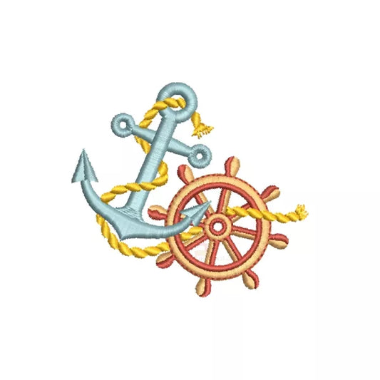 Motif de broderie machine ancre marine avec roue de bateau et corde, style nautique, fond blanc.
