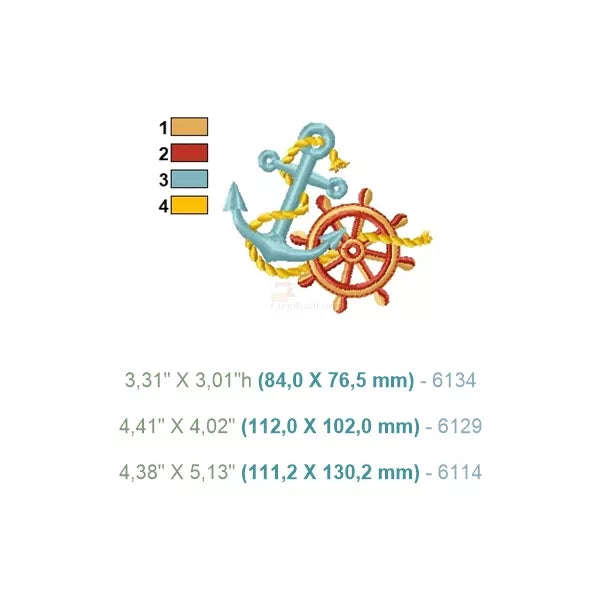 Fiche technique motif broderie ancre roue de bateau et corde – dimensions, couleurs et nombre de points.