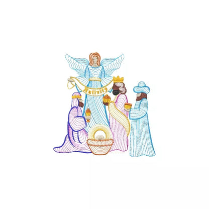 Thème crèche historique - Illustrations de Marie, Joseph, nouveaux-nés, anges, rois mages. (10 designs ondulés) - Motifs de broderie machine de Noël