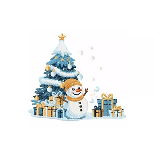 Arbre-Noel-avec-Cadeaux-et-Bonhomme-de-Neige-Motif-Broderie-Machine