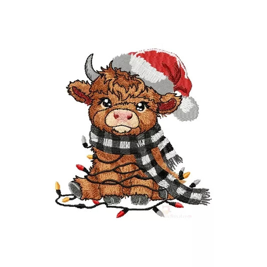 Bebe-Vache-Highland-de-Noel-avec-foulard-chapeau-et-lumières-Motif-de-broderie-machine