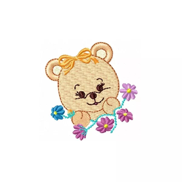 Bébé ourson en peluche avec guirlande de fleurs sauvages – Motif de broderie machine – CuteRoyal