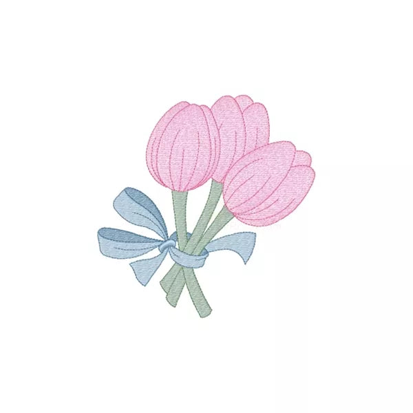 Motif de broderie machine – Bouquet de tulipes avec boucle, rendu brodé sur tissu.