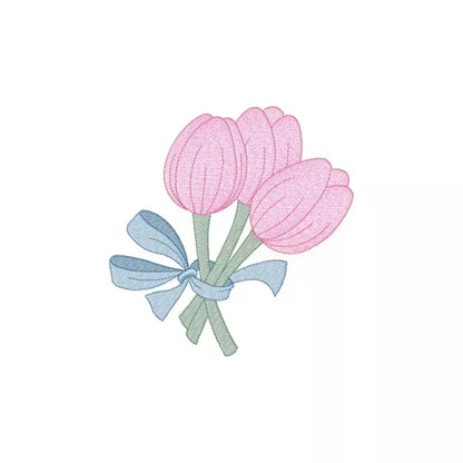 Motif de broderie machine – Bouquet de tulipes avec boucle, rendu brodé sur tissu.