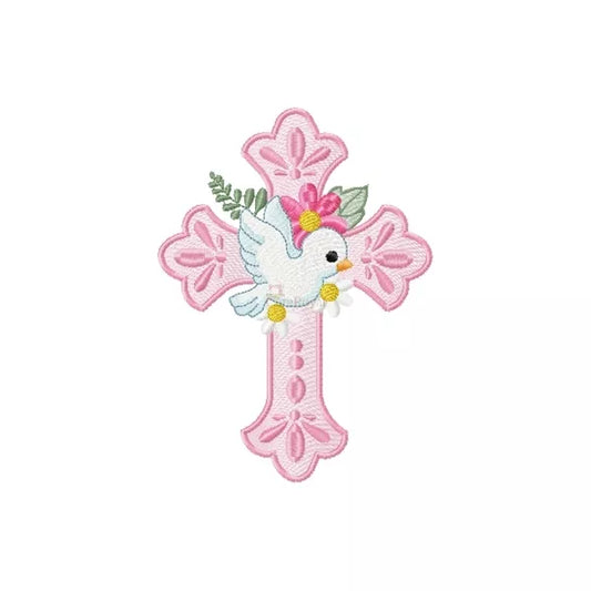 Motif de broderie machine représentant une croix ornementale rose avec une colombe blanche et des fleurs délicates