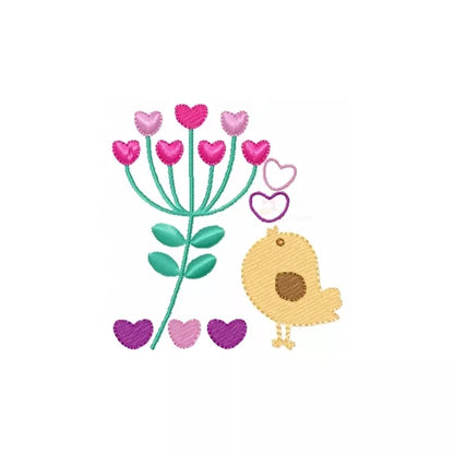 Motif de broderie machine – Petit oiseau jaune avec fleurs en forme de cœur, style kawaii.