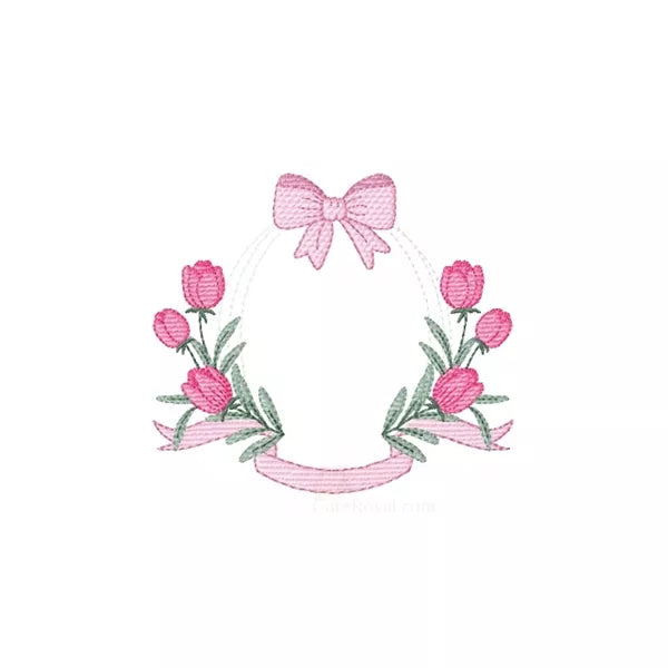 Motif de broderie machine – Cadre tulipes et nœud pour monogramme, rendu brodé sur tissu.