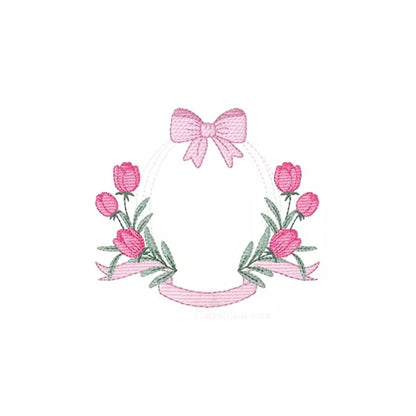Motif de broderie machine – Cadre tulipes et nœud pour monogramme, rendu brodé sur tissu.