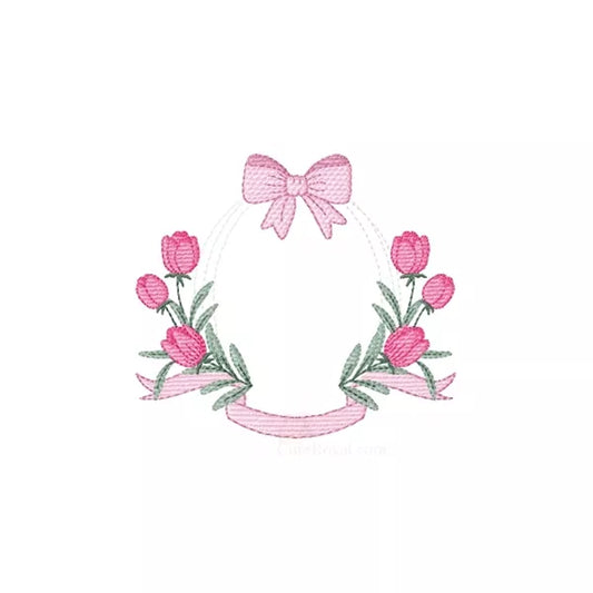 Motif de broderie machine – Cadre tulipes et nœud pour monogramme, rendu brodé sur tissu.