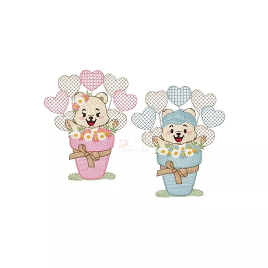 Ensemble-Motifs-broderie-machine-deux-oursons-dans-pot-de-fleurs-avec-ballons-en-forme-de-coeur-5-tailles-chacun-(Teddy bear embroidery design)