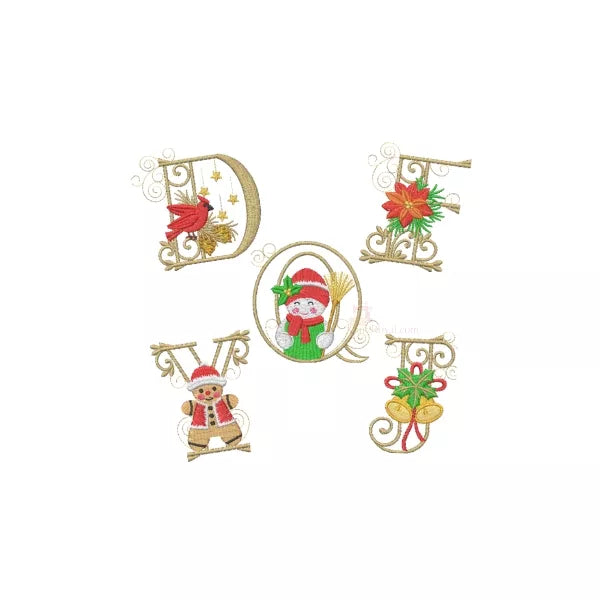 "Alphabet de Noël complet - 26 lettres majuscules ornées de poinsettia et chandelles - Motif de broderie machine"