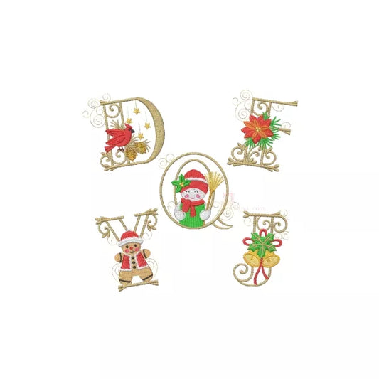 "Alphabet de Noël complet - 26 lettres majuscules ornées de poinsettia et chandelles - Motif de broderie machine"