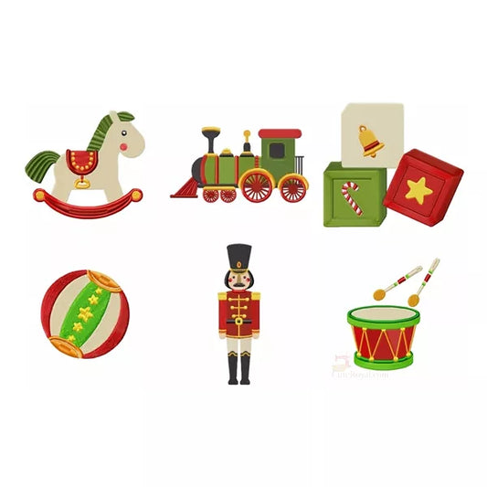 Jouet-de-Noel-cheval-de-bois-train-cube-ballon-soldat-casse-noisette-et-tambour-Motifs-broderie-machine