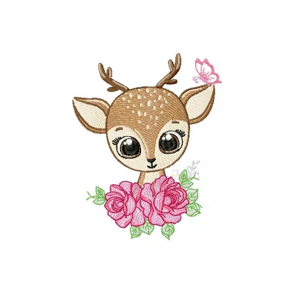 Motif de broderie animal représentant une petite biche aux grands yeux avec une couronne de roses et un papillon.