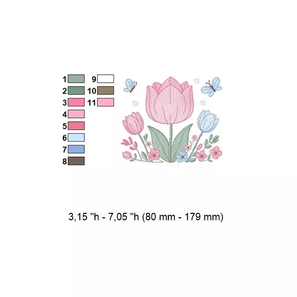 Fiche technique – Tulipes et papillons CR10155 : couleurs, dimensions et nombre de points.