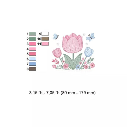 Fiche technique – Tulipes et papillons CR10155 : couleurs, dimensions et nombre de points.