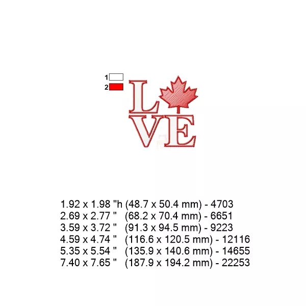 Technical sheet for LOVE Canada embroidery design – colors, dimensions and stitch count.