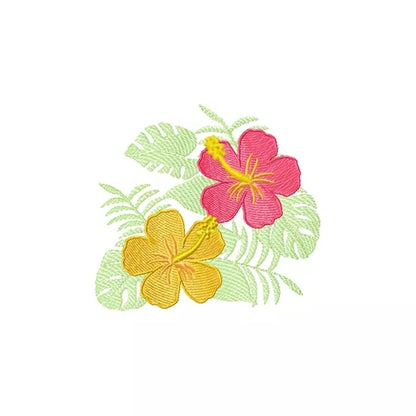 Motif de broderie machine – Fleur tropicale hibiscus, rendu brodé sur tissu.