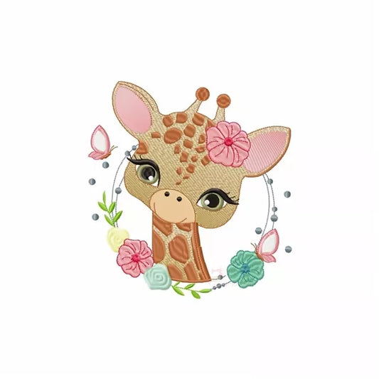 Une tête de Girafe ornée de Fleurs et de Papillons : Motifs de Broderie Machine