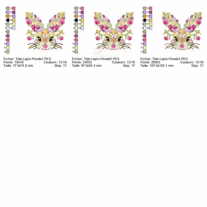 Couleurs-et-3-Tailles-incluses-Broderie-Tête-Lapin-Fleuri-pour-machine-à-broder