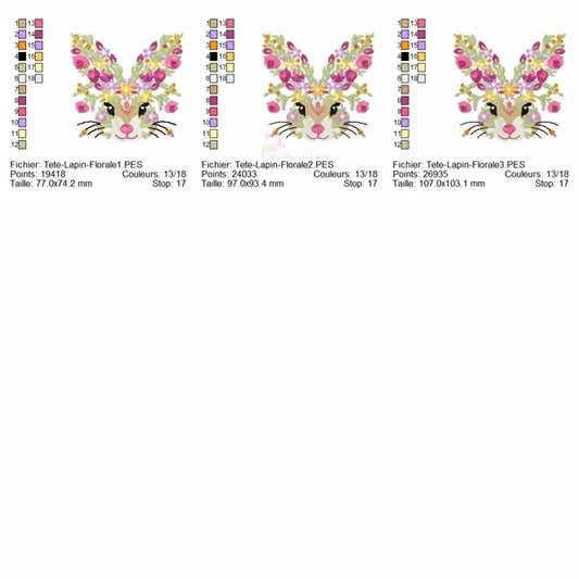 Couleurs-et-3-Tailles-incluses-Broderie-Tête-Lapin-Fleuri-pour-machine-à-broder